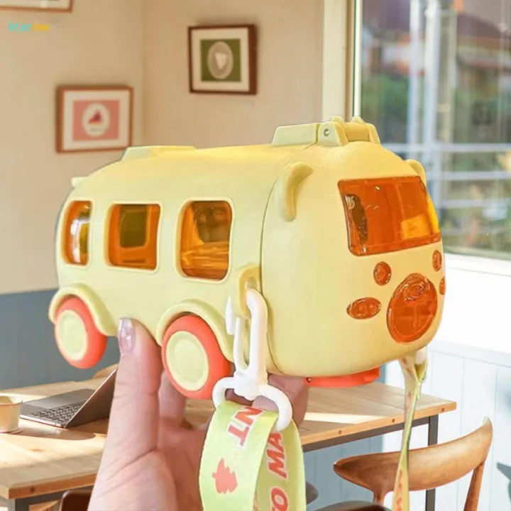 500ML Bus Shape Cute Car Water Bottle with Movable Wheels Strap Plastic Drinking Bottle Leakproof for Boys Girls