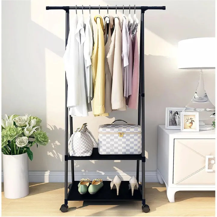 Clothes Rack Small Metal Garment Rack with Shelves and Rolling Wheels for Bedroom clothing rack for Hanging Clothes, clothes rack Shelf (Black)
